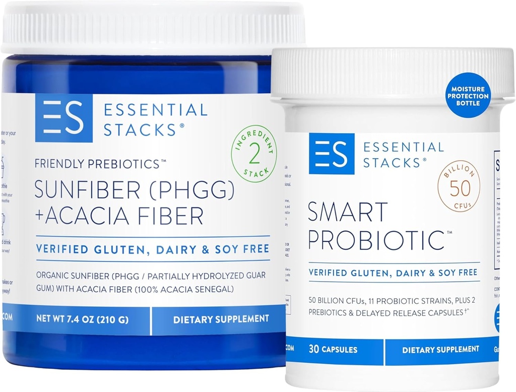 Piles essentielles Carburant votre bundle Gut : Probiotique intelligent (30 ct) + Prébiotiques amis (7,4 oz)