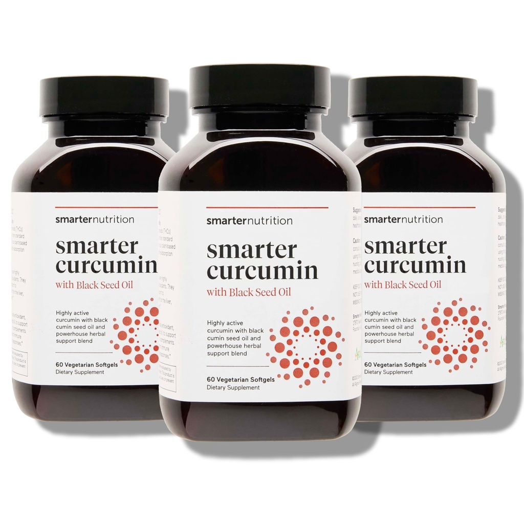 SMARTERNUTRITION Curcumin Softgels - Vegan High Absorption 400 mg Curcumin Supplement Standardized to 95% Tetrahydrocurcuminoids + Black Seed Oil & Ginger for Joint & Immune Health - 180 Ct