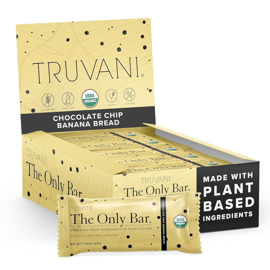 Truvani Plant Based Snack Bars - 124; Chocolate Chip Banana Kenyér 12 Pack 124; 5g Protein - 124; USDA Organic and Vegan