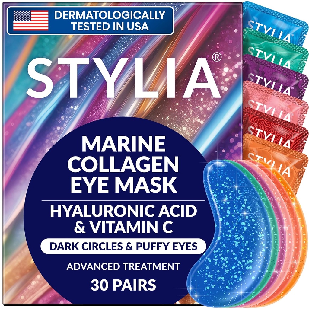 Stylia Collagen & Vitamina C Under Eye Patches para Puffy Eyes & Dark Circles - Depuffing, Hydrating & Firming Under Eye Mask con ácido hialurónico - Vegan, coidado da pel sen crueldade (30 pares)