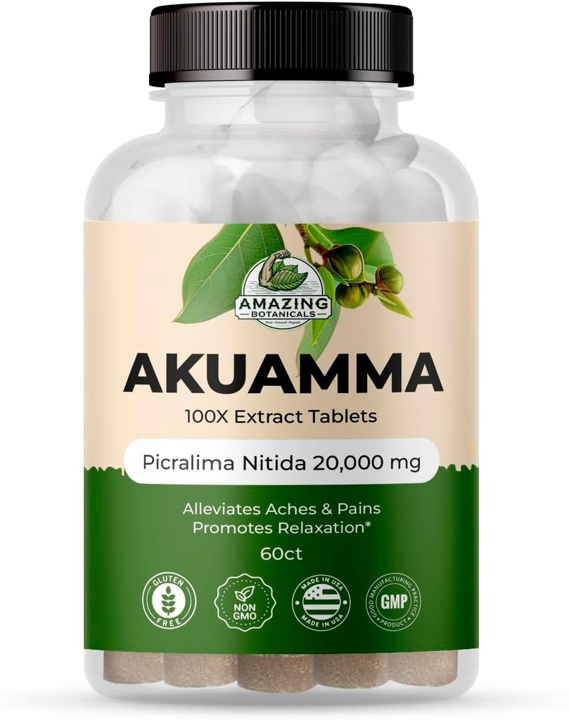 Amazing Botanicals Akuamma Extract Tablets – 200 mg 100X Extract 20,000mg | Focus and Clarity – Boosts Mood, Relieves Stress, Promotes Calmness (60 Count)