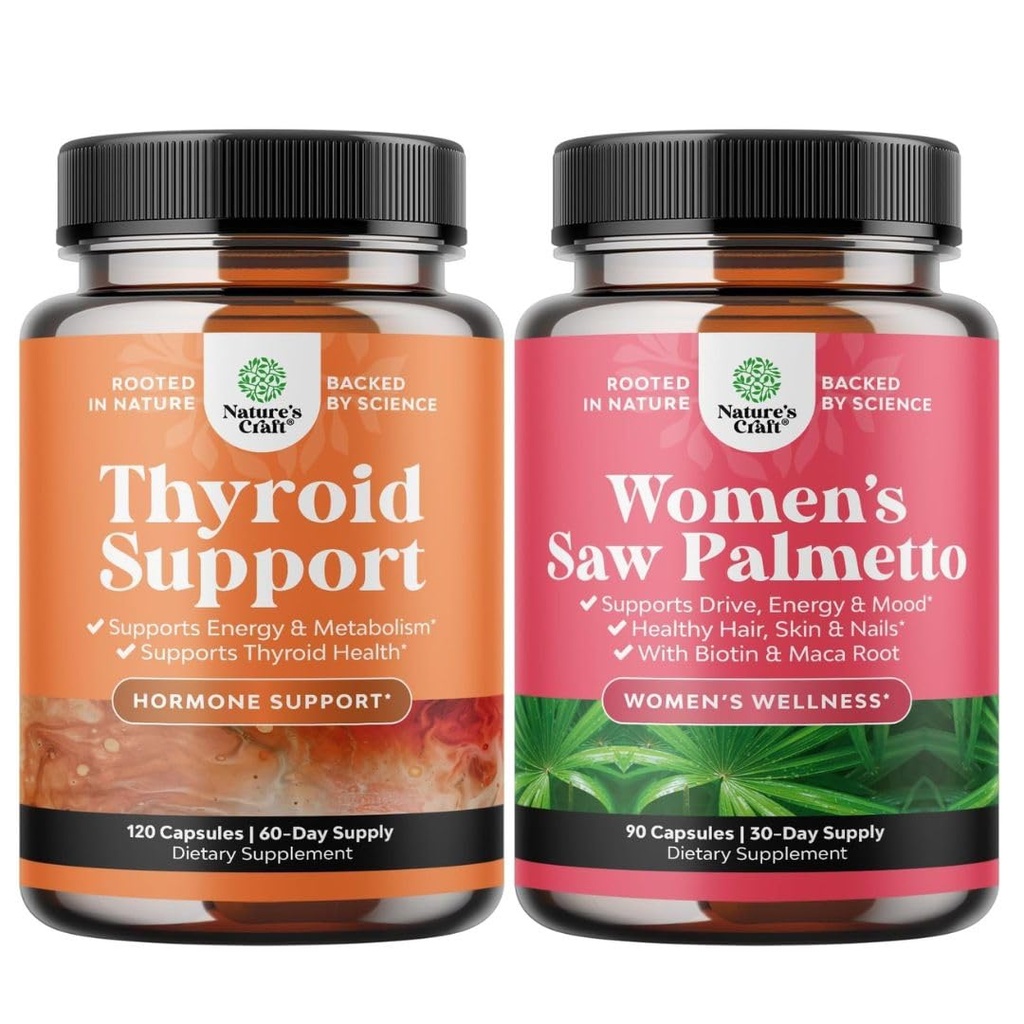 Bundle of Herbal Adrenal and Thyroid Support Complex - Mood Enhancer Energy Supplement for Thyroid Health and Extra Strength Saw Palmetto for Women for Stronger Thicker Healthier Looking Hair