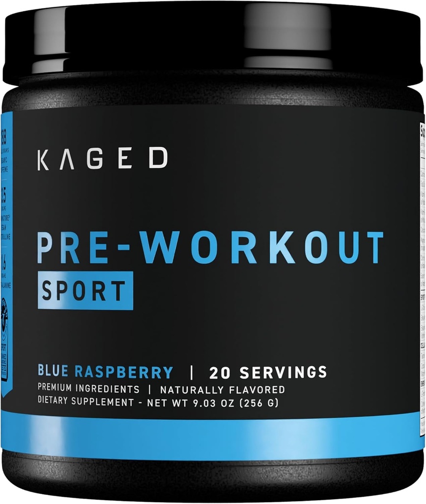 Kaged Sport pre Workout proszek dla mężczyzn i kobiet, Blue Razz, Sport Certified, 188mg kofeiny, suplement tlenku azotu, Beta Alanine for Energy, Weightlifting, Cardio Endurance & Siła, 20 Służenie