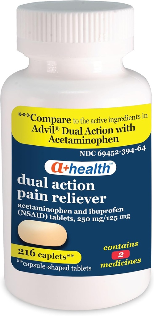 A+Sağlık Çiftliği Acetaminophen 250 mg ve Ibuprofen (NSAID) 125 mg Ağrı Reliever Caplets, 216 Count Count Reliever Caplets,
