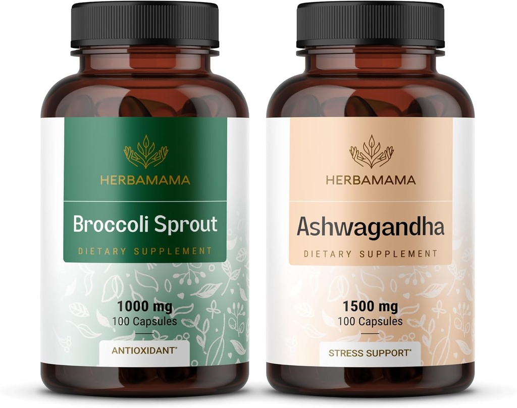 HERBAMAMA Broccoli Sprout and Ashwagandha Root Kit - Bundle of 1000 mg Broccoli Sprout & 1500 mg Ashwagandha Root Capsules - Vegan, Non-GMO, Sugar & Gelatin-Free - 2 Pack