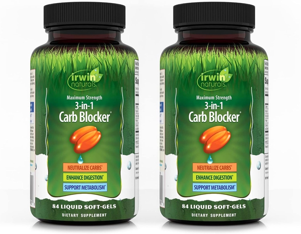 Irwin Naturals Maximum Strength 3-in-1 Carb Blocker - Neutralize Carbohydrates, Aids Digestion and Metabolism Booster - White Kidney Bean Extract + Chromium + Enzyme Blend - 84 Soft-Gels - 2 Pack