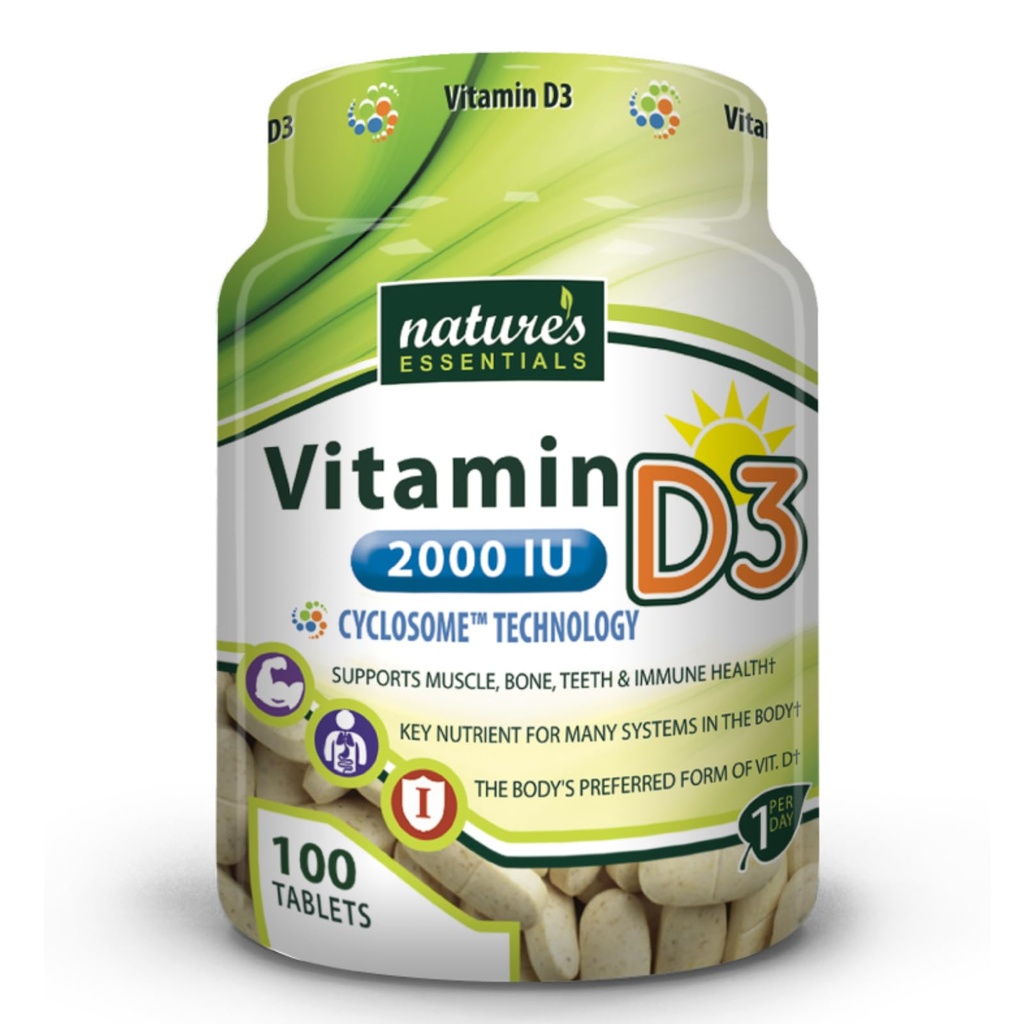 NATURE'S ESSENTIALS Vitamin D3 2000IU | Immune Support | Advanced Cyclosome Liposomal Delivery | Non-GMO, Gluten Free, Vegetarian | 100 Tablets