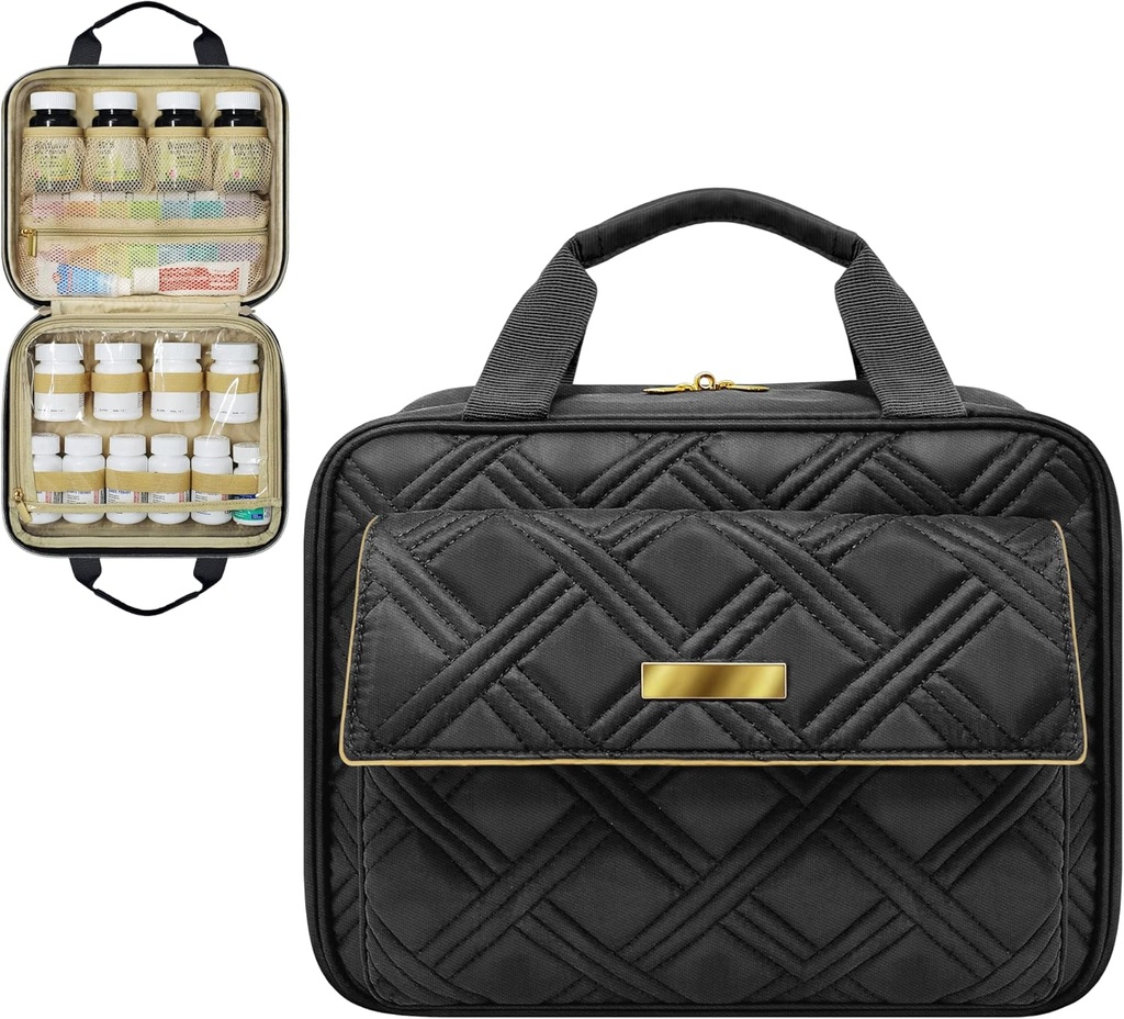 Grand sac de médecine matelassé, transporteur, cas, organisateur de voyage pour les médicaments, bouteilles de pilules, articles de toilette et fournitures médicales avec des poches fixes