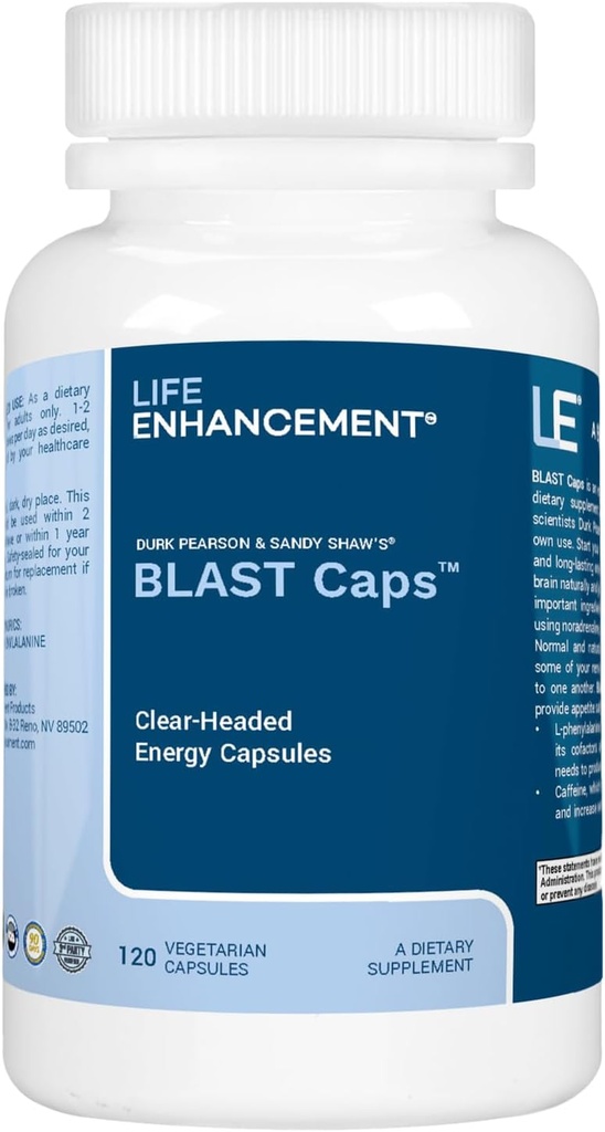 Life Enhancement Blast Caps, 60 kapselia - Energia ja Focus Supplement - Nootropic aivojen tuki täydentää B12, Niacin, kofeiini, tauriini, Fenyylialaniini, C-vitamiini, & enemmän