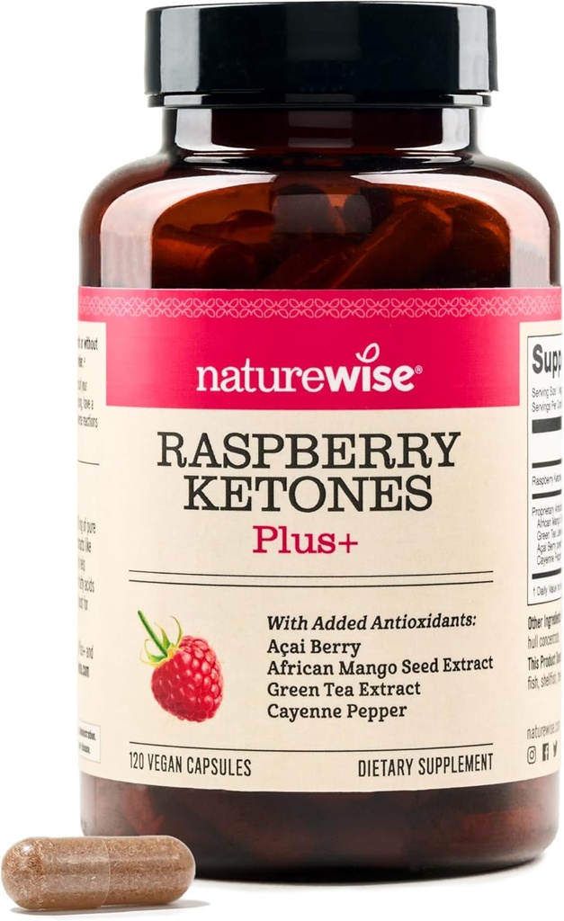 NatureWise Raspberry Ketones Plus - w/ Green Tea Extract, Cayenne Pepper, & Acai Berry - Ondersteunt Antioxidant Health, Energieniveaus, Weight Goals - Vegan & Gluten-Free - 120 Capsules[120-Day Supply]