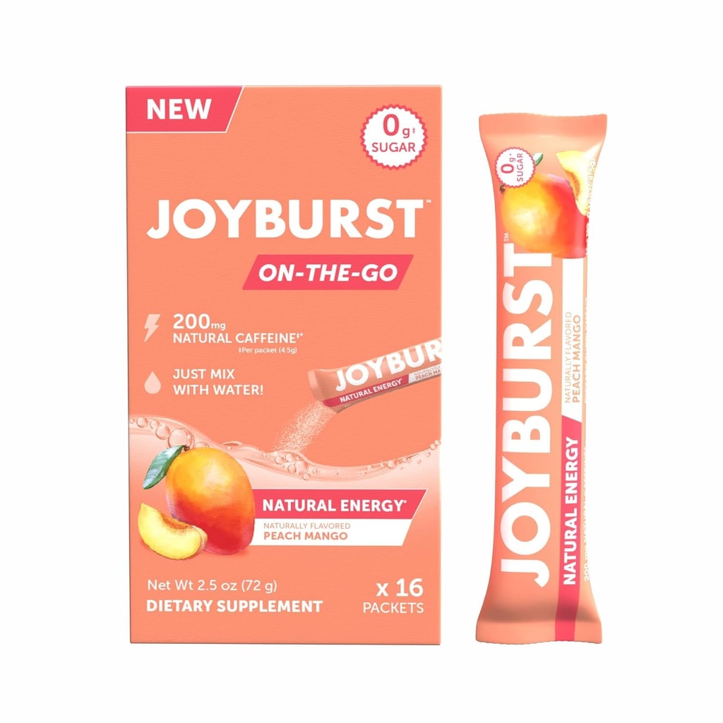 Joyburst Energy Drink Mix, Natural Caffeine (200mg) for Se sustine, Jitter Free Energy, On-The-Go Natural Energy Drink Powder, Sugar Free - 16 x 4g Energy Sticks (Peach Mango)