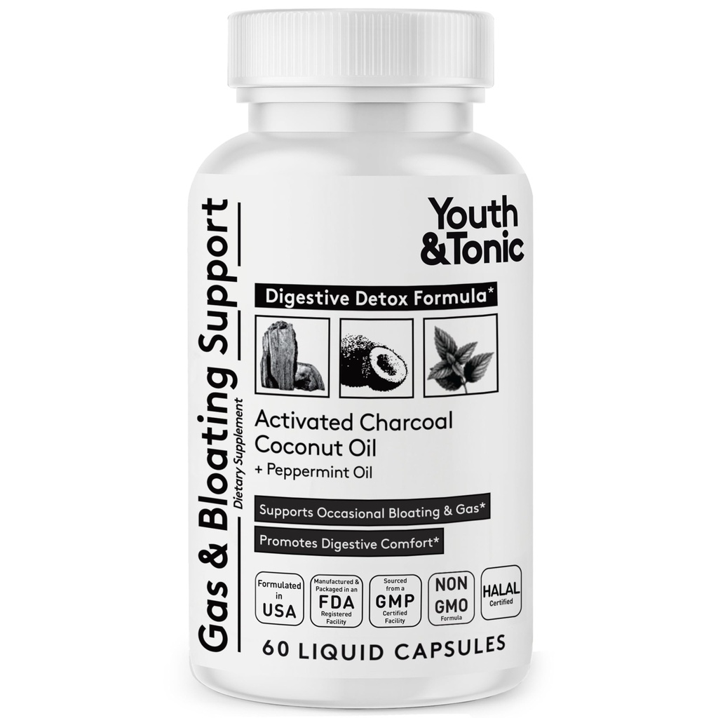 Youth & Tonic 3-in-1 Liquid Activated Charcoal Pills + 1200mg Organic Coconut Oil & Peppermint Oil, Stomach & Digestive Detox & Gut Cleanse Support for Occasional Bloating & Gas - 60 Liquid Capsules