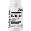 Youth & Tonic 3-in-1 Liquid Activated Charcoal Pills + 1200mg Organic Coconut Oil & Peppermint Oil, Stomach & Digestive Detox & Gut Cleanse Support for Occasional Bloating & Gas - 60 Liquid Capsules