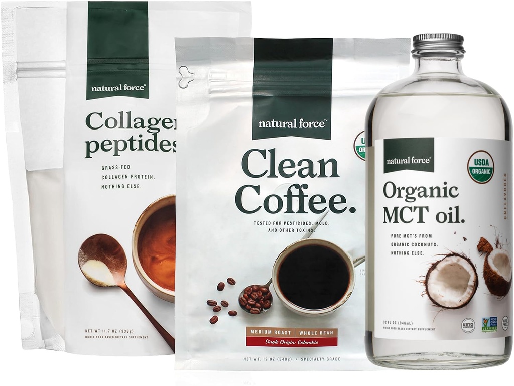 Natural Force Organic Clean Coffee + Collagen Peptides + Organic MCT Oil Bundle – Toxin Free Coffee, Grass Fed Collagen, & MCTs - Non-GMO, Keto, & Paleo - 12 Oz, 11.7 Oz, 32 Oz