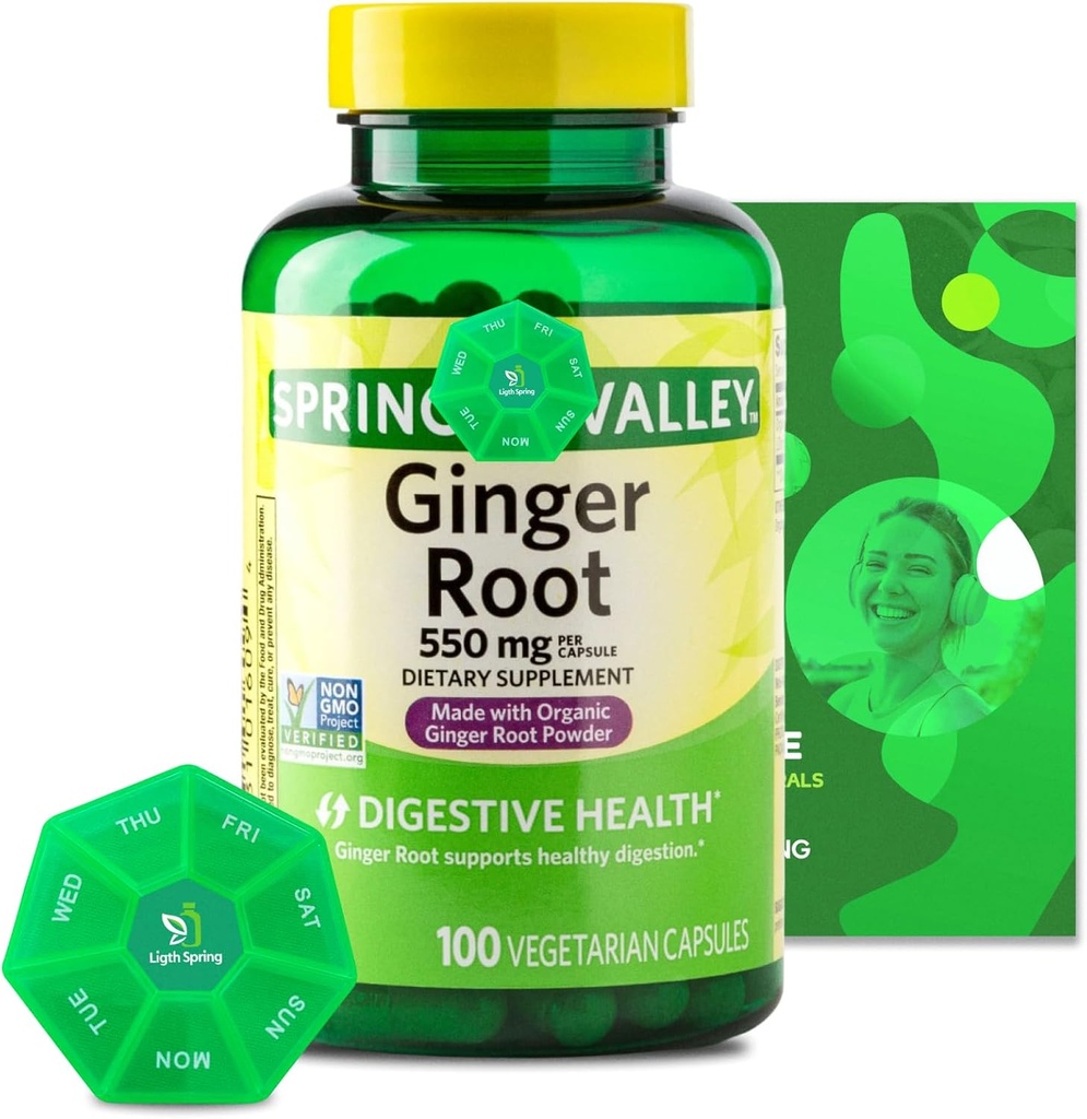 Ginger Root 550 mg, 100 Vegetarian Capsules with Bundle Exclusive Vitamins " Minerals - A to Z - better Ligthspring Guide