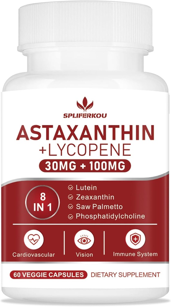 Astaxanthin and Lycopene 70mg, Astaxanthin supplement with Phosphatidylcholine, Lutein and Zeaxanthin, Powerful Antioxidants supplement Support for Skin, Eye and Joint Health (60 Capsules)