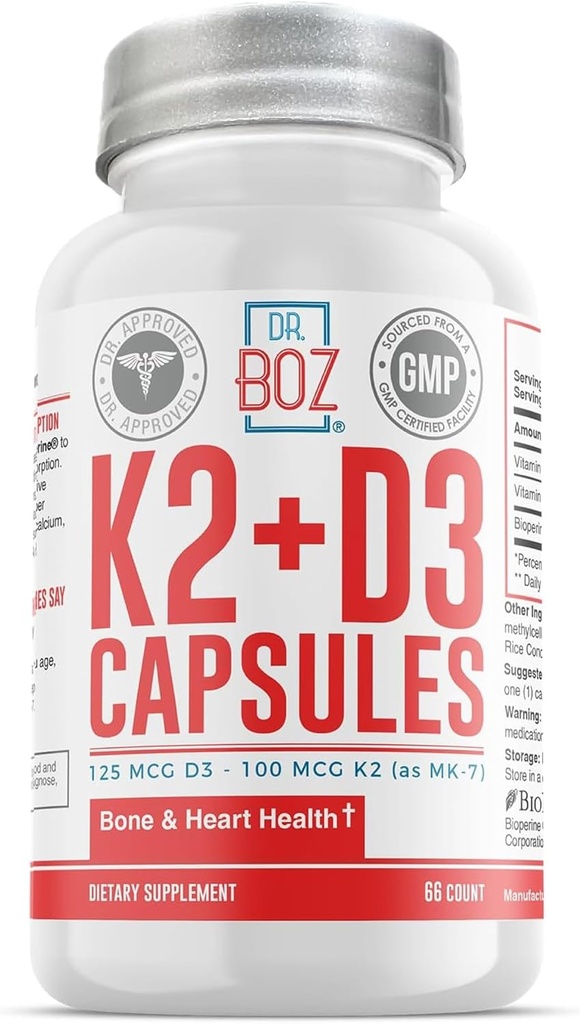 Dr Boz - K2 + D3 kapsułki, 66 Służenia - Suplement witaminy D3 K2 z BioPerine - Bone & Heart Health - Zwiększona absorpcja - Testowane jakości - Made in USA - 5000iu (D3) - 400iu (K2) - Samoopieka
