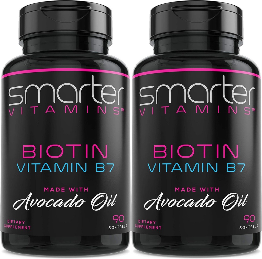 (2 Confezione) Smarter Biotin 5000mcg in Olio di Avocado, Vitamina B7, Non OGM, 90 Mini Liquid Softgels, No Soy