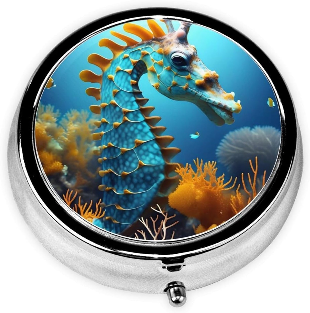 Pill Box, Small Pill Case for Purse ' Pocket, Cute Medicine Organizer Travel Pillbox, Portable Pill Container Holder to Hold Vitamins, Medication, Fish Oil and supplements, Blue Seahorse