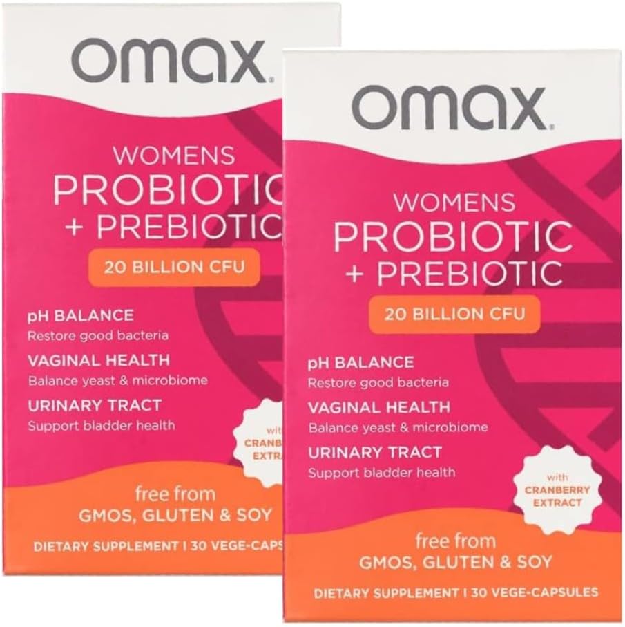 2 paquets Omax Prebiòtics i complexos probiòtics per a Dones, pH, Salut de Vaginal, Tract Urinary, Yest, USTI/BV, Bloling pH 20 Billion CFU6 Vegan, Organic, Guten Free, 60 Vege-Caples