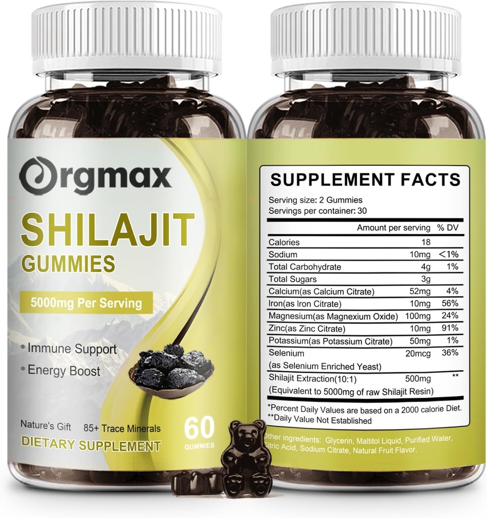 Shilajit Pure Himalayan Organic Shilajit Gummies,5000MG 85+Trace Minerals & Fulvic Acid olan Men & Qadınlar üçün əlavə, Focus, Energy & Immune, Non-GMO / 60 Count,2 Packs