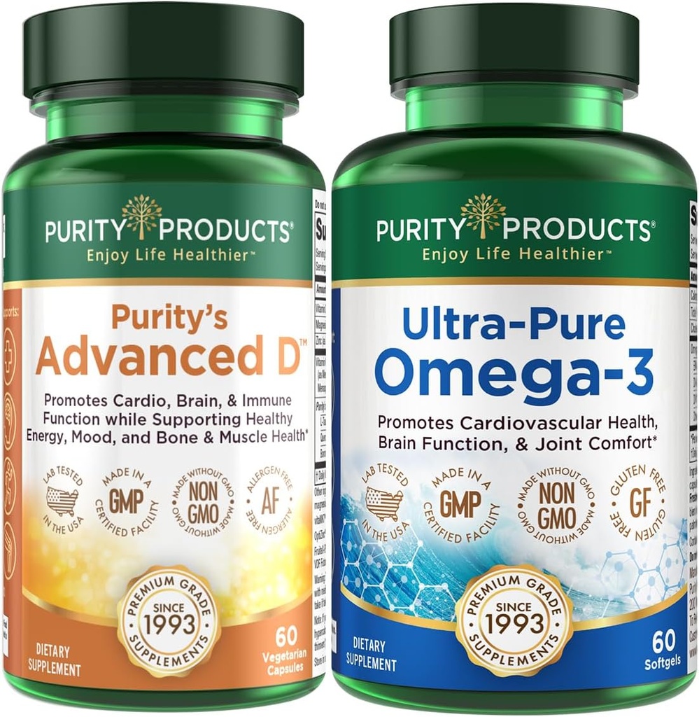 Προϊόντα καθαρότητας Το KIT - Dr. Cannell's Advanced D + Omega-3 Ultra-Pure Fish Oil από Advanced D συσκευάζεται με βιταμίνη D, βιταμίνη K2, ψευδάργυρο, κιτρικό μαγνήσιο, βόριο και ταυρίνη