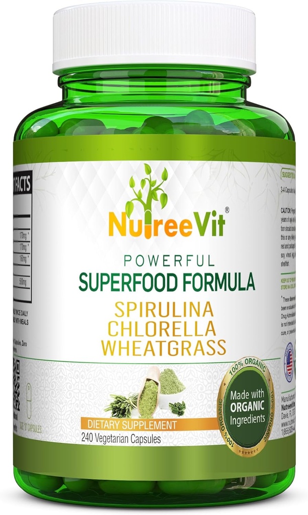NutreeVit Pure 100% Organic Spirulina + Chlorella + Wheatgrass - Powerful Superfood - Veggie Capsules | 500mg