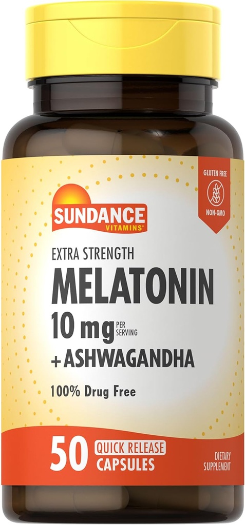 Sundance Melatonin 10 mg 与 Ashwagandha + 50 Capsules + 额外力量 + 非 GMO & Gluten 免费补充