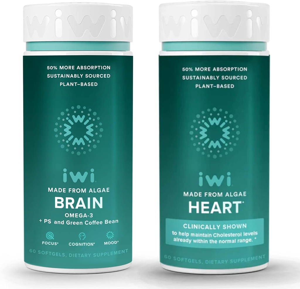 Iwi Life Brain & Heart Omega-3 Bundle, 30 Servierungen, Vegan pflanzenbasierte Algen Omega 3, Krill & Fish Oil Alternative, keine Fishy Nachgeschmack