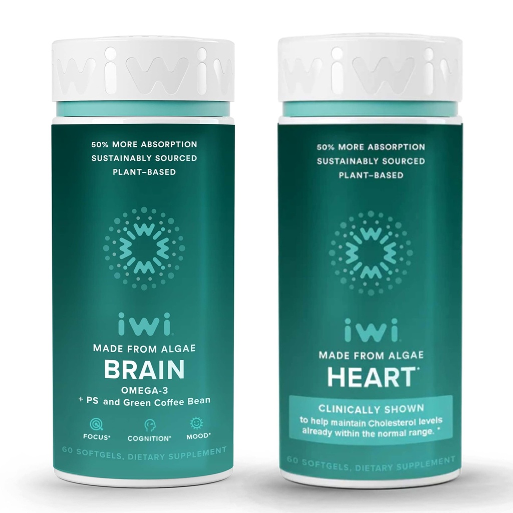 Iwi Life Brain & Heart Omega-3 Bundle, 30 Servings, Vegan Plant-Based Algae Omega 3, Krill & Fish Oil Alternative, No Fishy Aftertaste