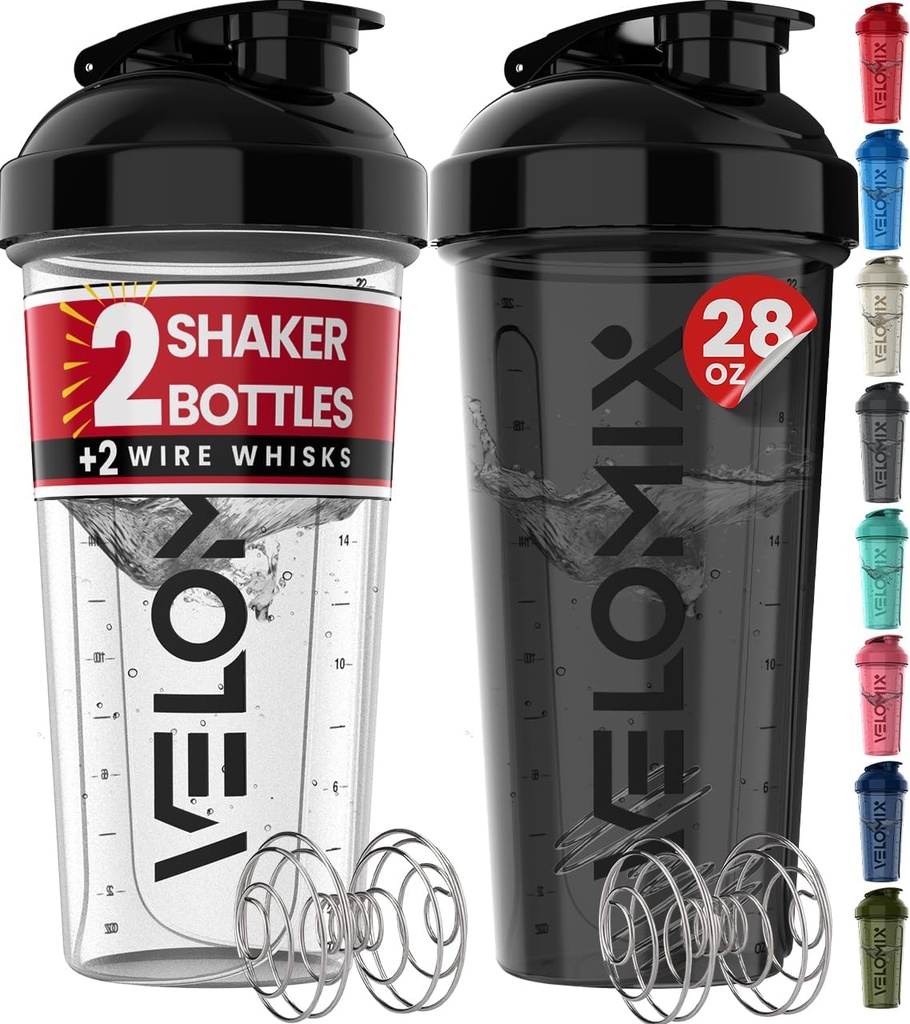 VELOMIX -2 Pack-28 oz Protein Shaker Bottles för proteinblandningar - 2x Wire Whisk | Läcka Proof Shaker Cups för Protein Shakes | Protein Shaker Bottle Pack (Black/Transparent)
