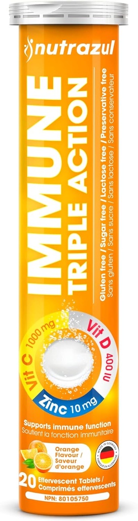 Nutrazul immun Triple Action Effervescent Tablet - 1000 mg C-vitamin, D-vitamin, Zink I Orange 20 's I Gluten Free, Sugar Free, Lactose Free & Preservative Free I Beholder immunfunktion