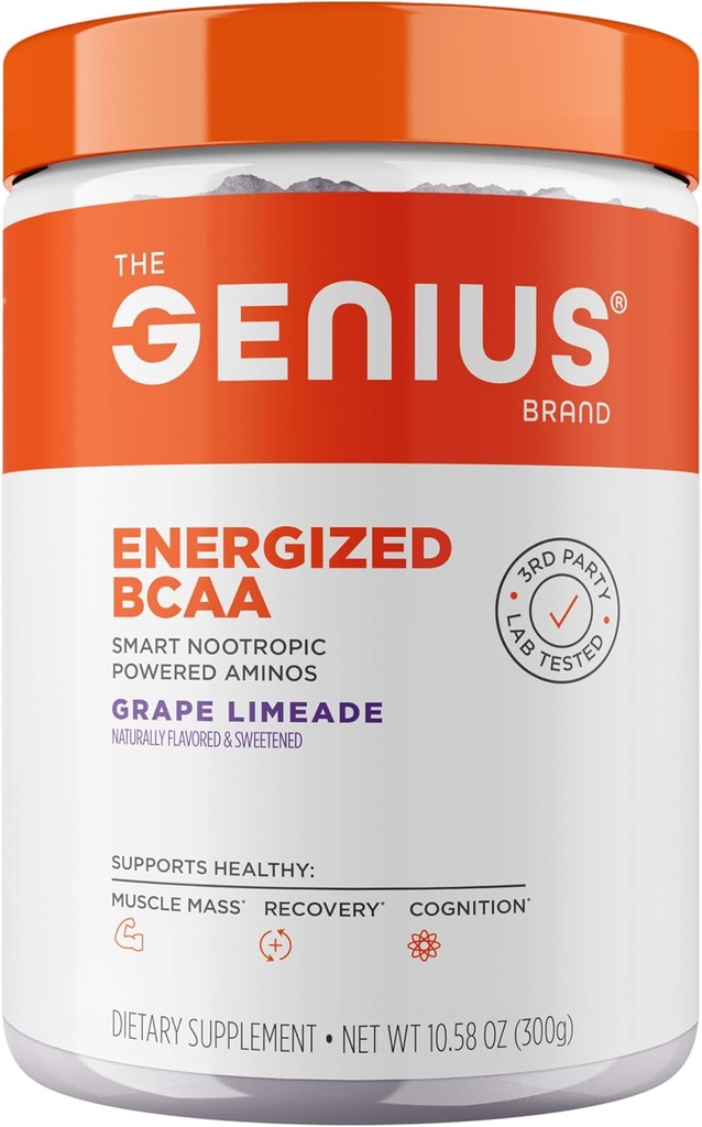 Genius BCAA Powder - 5g Vegan BCAAs L- Glutamine, Cognizin & Rhodiola Recovery Energy Dukung Dukungan 100mg Caffeine Pra, Intra, Postake-Workout Nootropic Suplemen untuk Fokus & Performance - Grape Limeade