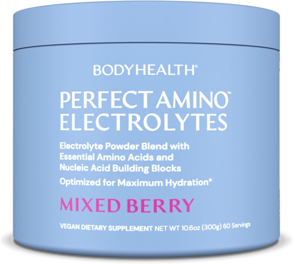 BodyHealth PerfectAmino Electrolytes Powder No Sugar, Keto Sugar Free Fashing Electrolytes Drink Mix, Hydration Powder with Trace Minerals - Mixed Berry - 60 Servings
