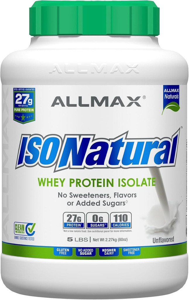ALLMAX ISONATURAL Whey Protein Isolate, Unflavored - 5 lb - 27 Grams of Protein Per Scoop - Zero Fat & Sugar - 99% Laktosfri - med prebiotika - inga konstgjorda smaker - Cirka 78 portioner