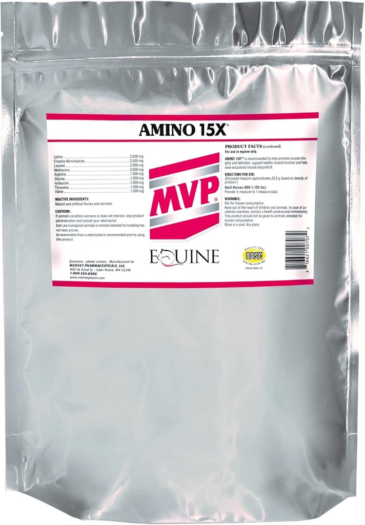 MVP Amino 15X (1.5lb) поддерживает здоровую мышечную функцию, развитие и восстановление у лошадей.