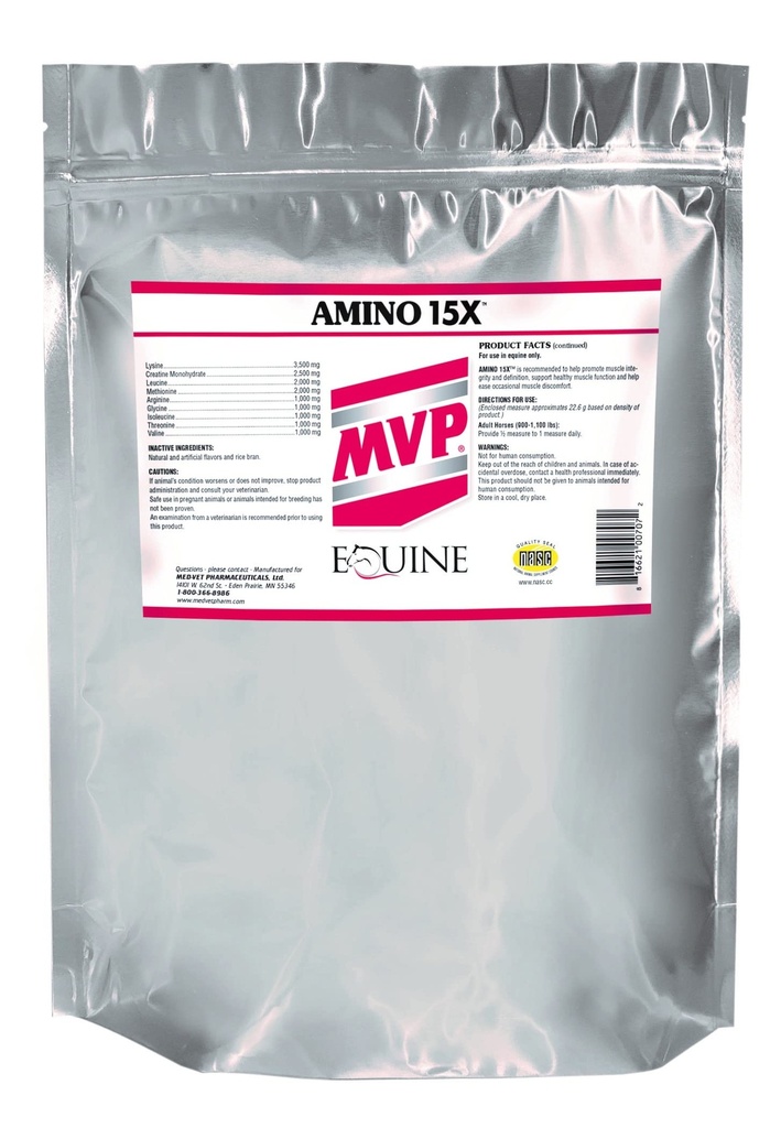 MVP Amino 15X (1.5lb) Supports Healthy Muscle Function, Development and Recovery in Horses.