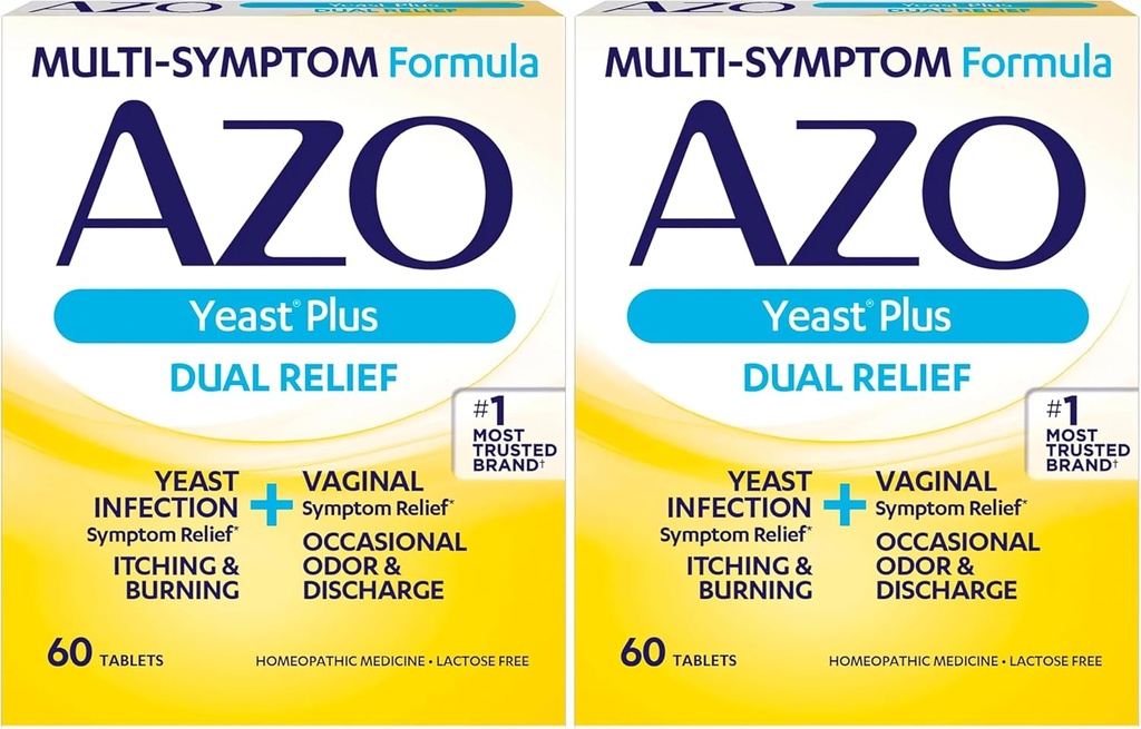AZO Yeast Plus Dual Relief Tablets, Yeast Infection and Vaginal Symptom Relief, Relieves Itching & Burning, 60 Count (Pack of 2)