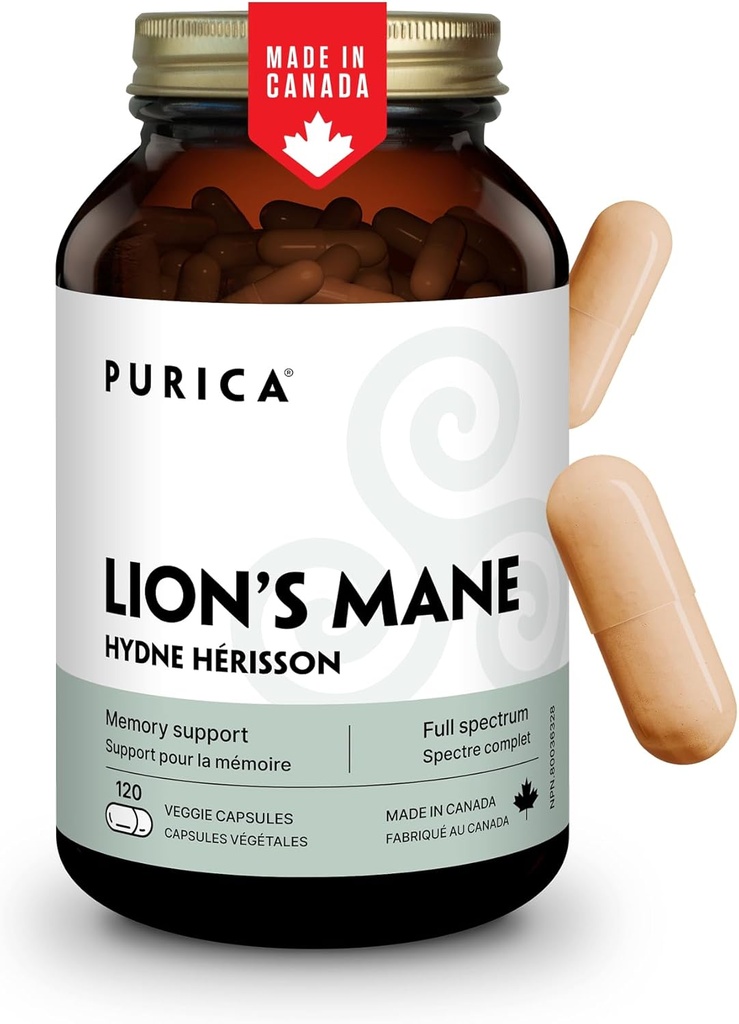 PURICA - Lion 's Mane Mikronizované houby, 120 Vegan Kapsle 60- Day Supply - Podporuje kognitivní zdraví - Non- GMO a gluten- Free - Focus and Memory Support - Brain Health and Improve Digestion