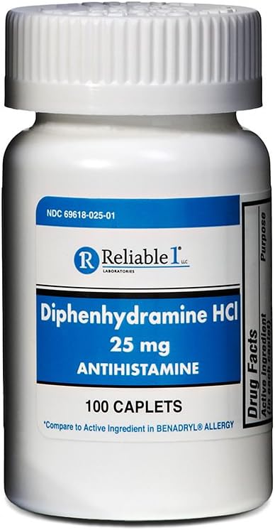 Confiável 1 Difenidramina HCI 25mg Anti-histamínico 100 Caplets (1 frasco)