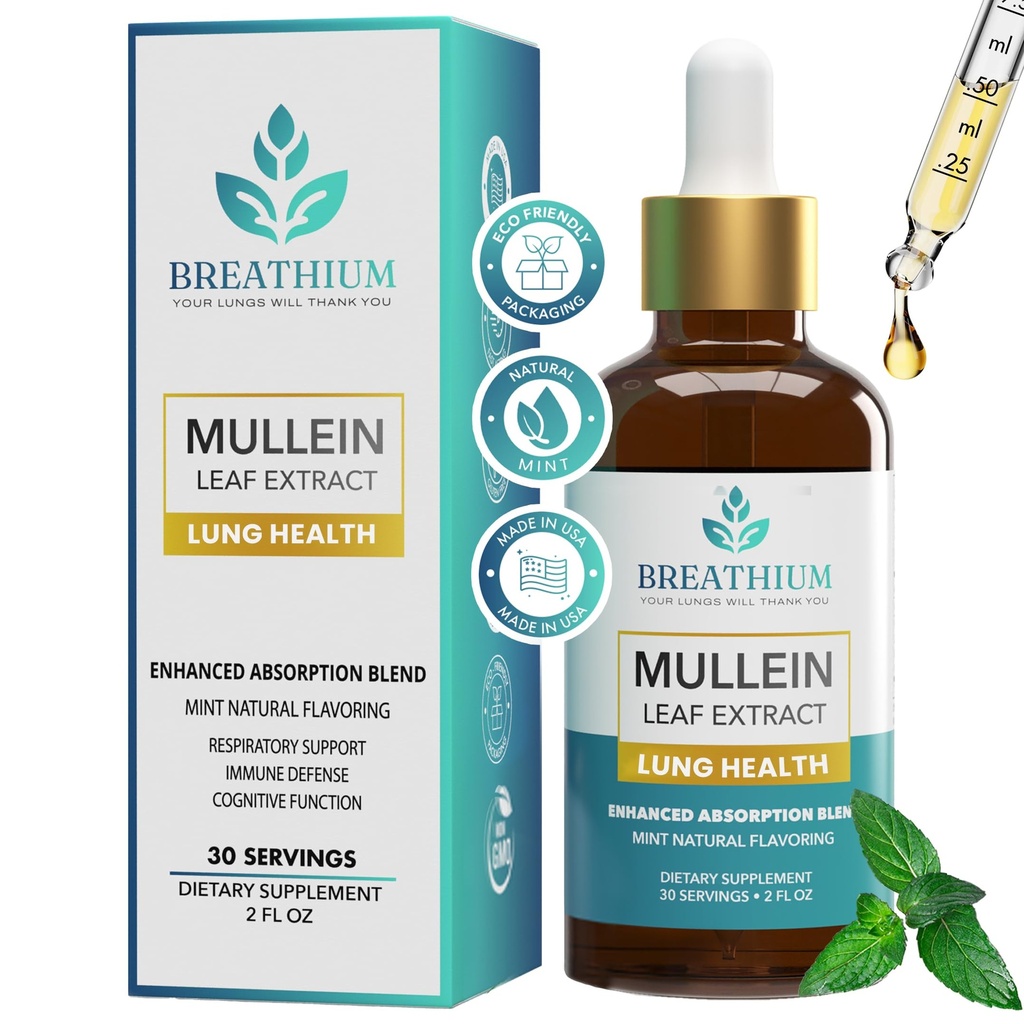 4-in-1 Mullein Drops for Lungs & Gut Health – Liposomal Mullein Leaf Extract, Made in USA, Natural Lung Detox for Smokers + Immune, Digestive, Allergy & Mucus Relief – 2oz Peppermint