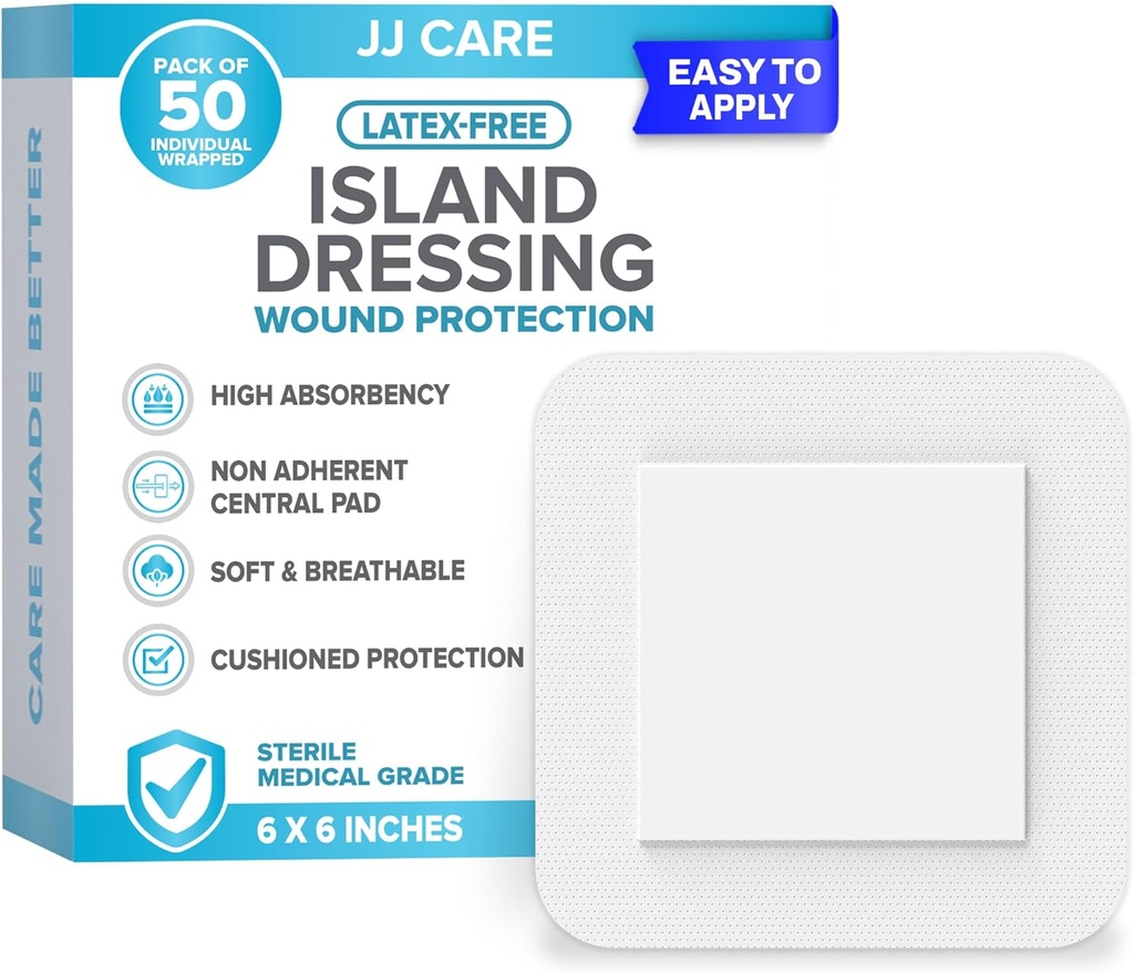 JJ CARE Adhesive Island dressing [Pack of 50], 6x6 Sterile Borded Gauze dressing, Dýchací Island Wound dressing individually wasted with highly Absorbent Non- Stick Center Pad