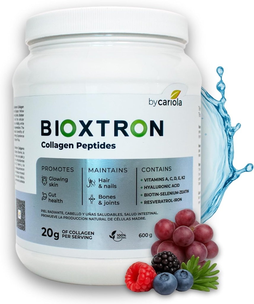 Bioxtron Collagen Pepteides Powder - 不受欢迎,I型Bovine与Stem细胞更新,用于头发,钉子,皮肤,古特,骨骼和联合健康支持 - Hyaluronic酸,蛋白质,Biotin - 600g(30种服务)