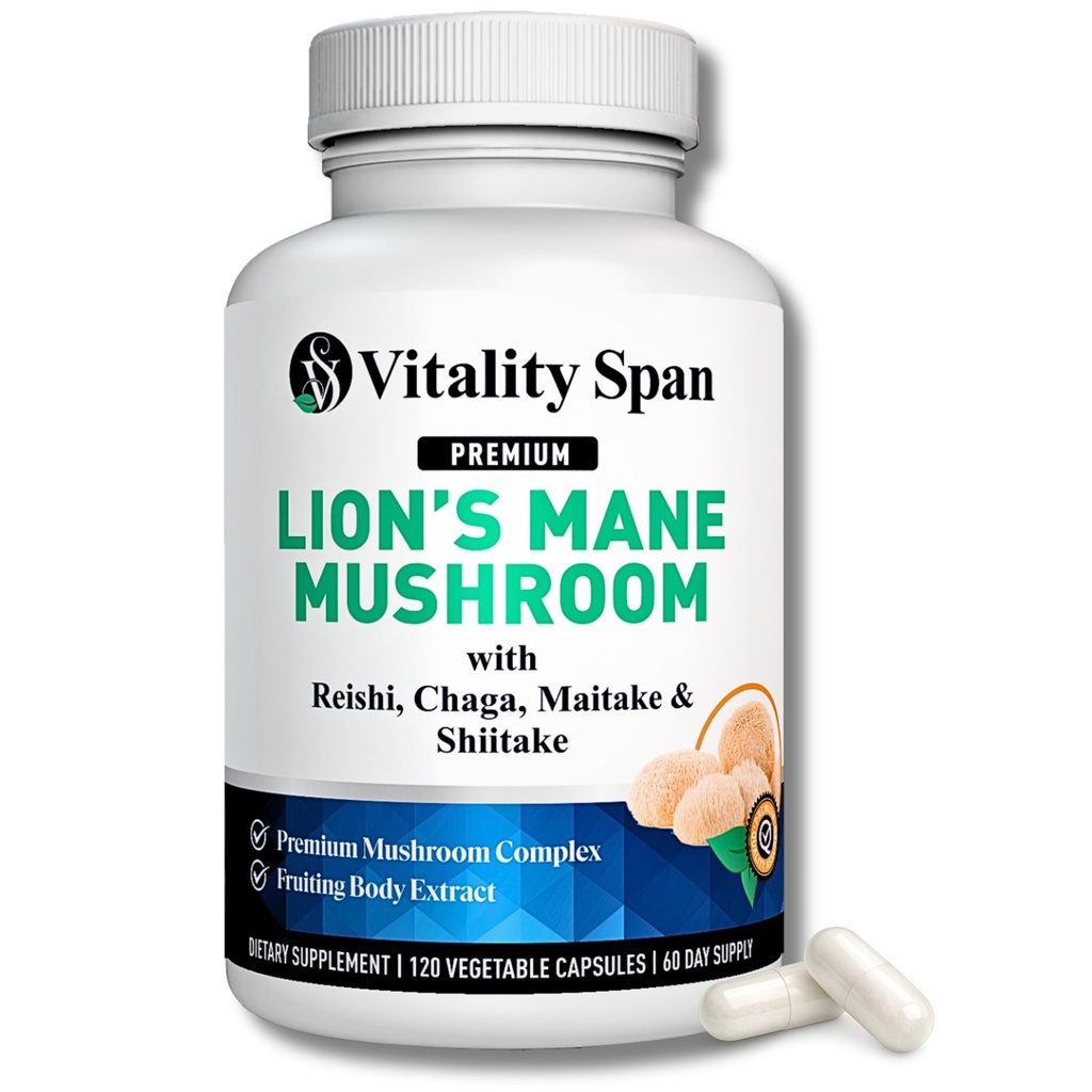 Lions Mane Supplement Capsules – Lion’s Mane Mushroom Extract for Brain & Focus Support – Fruiting Body, 5 Mushroom Complex, 1400mg, 120 Veg Capsules, Made in USA