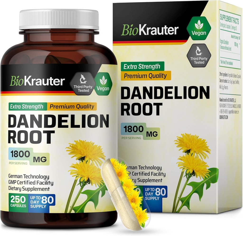 Phụ ngũ cốc KRAUTER Dandelion Root - 1800 mg strength - 250 Count - Dandelion Root Capsules - Vegan Capsules để hỗ trợ gan và miễn dịch