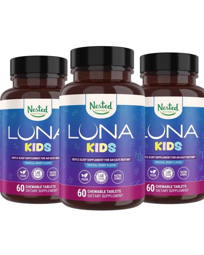 Nested Naturals Luna Kids Sleep Supplement - for Children & Melatonin Sensitive Adults - Gentle Herbal Supplement with Chamomile, Melatonin, & Valerian - 180 Chewable Tablets (60 Per Bottle)