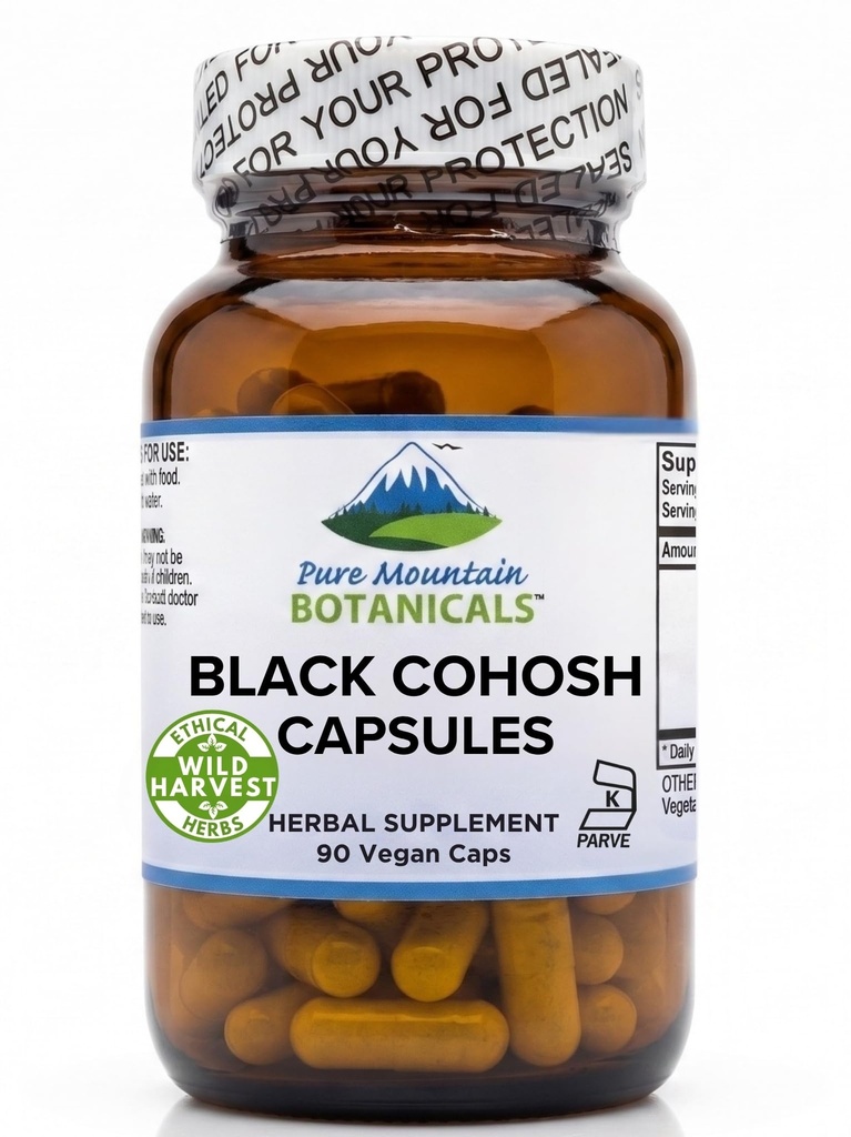 Pure Mountain Botanicals Black Cohosh Capsules 500mg - Menopause Support Supplement for Women - 90 Capsules - Kosher, Vegan, Non-GMO, Gluten-Free