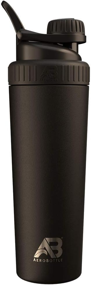 AeroBottle Cryo Shaker Cup, Bouteille d'eau en acier inoxydable isolé et agitateur de protéines, mélange protéines et pré-travail sans technologie de mélange turbulent, pas de boule de mélange ou de wisk, 26oz, glace noire
