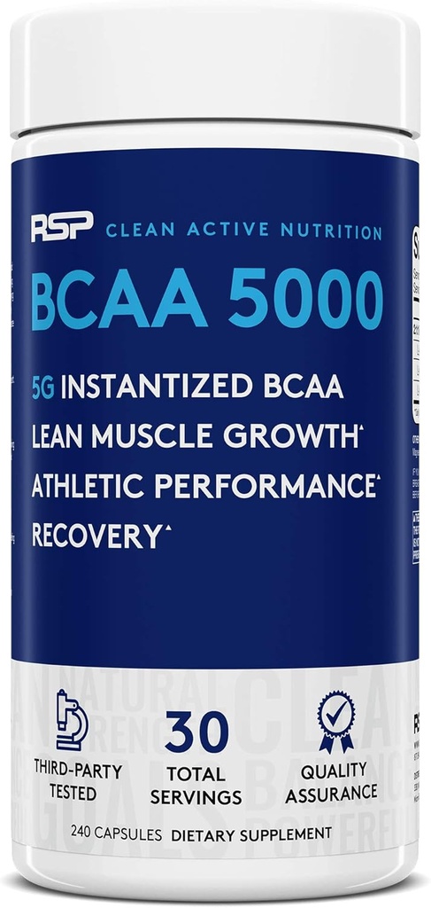 RSP BCAA 5000 (30 Serv), Premium BCAA Kapseln für Post Workout Muskel-Recovery, Endurance & Energy, 5g von essentiellen verzweigten Aminosäuren pro Servieren