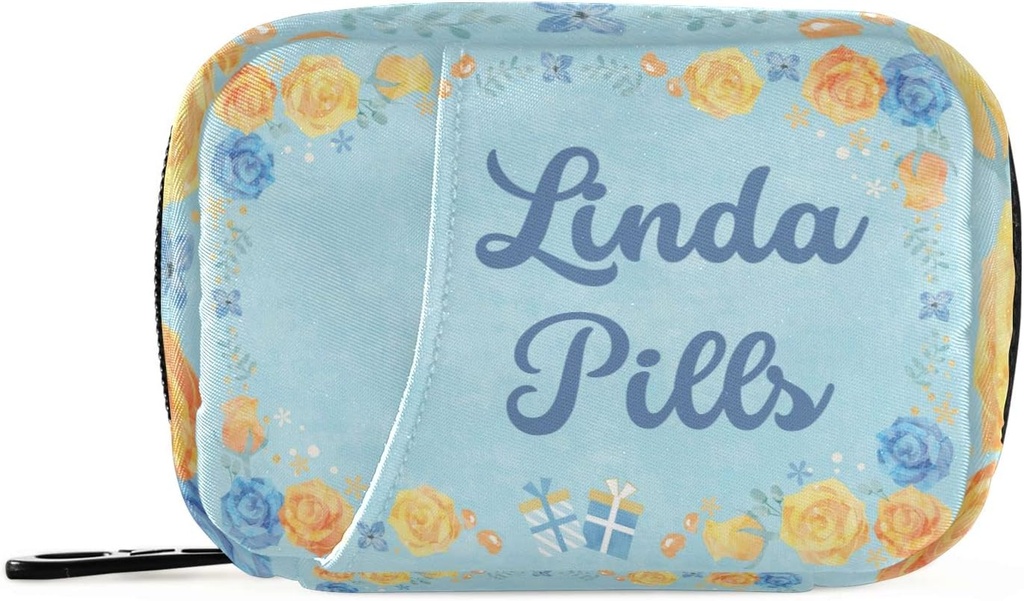 תיבת גלולת גלולות 7 Day Pill Case Bag Blue Yellow Flower Personalized Name Travel Pill מארגנת באג עם Zipper Portable Weekly Case Size קומפקטי עבור תוסף ויטמין Holder